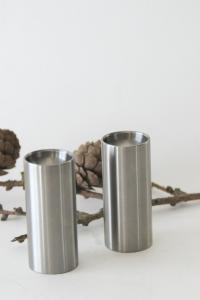 Stelton Salt and Pepper Shakers. Arne Jacobsen, Cylinda line. Danish Minimalist design. Brushed stainless steel. Mid century modern