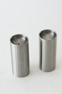 Stelton Salt and Pepper Shakers. Arne Jacobsen, Cylinda line. Danish Minimalist design. Brushed stainless steel. Mid century modern