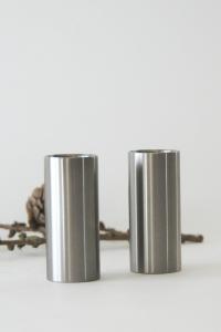 Stelton Salt and Pepper Shakers. Arne Jacobsen, Cylinda line. Danish Minimalist design. Brushed stainless steel. Mid century modern