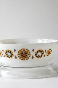 JAJ Pyrex. TOLEDO Bowl with orange and black flowers. Lid and dish. Pyrex Glass Stovetop. 1969s Collectible 