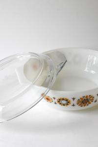 JAJ Pyrex. TOLEDO Bowl with orange and black flowers. Lid and dish. Pyrex Glass Stovetop. 1969s Collectible