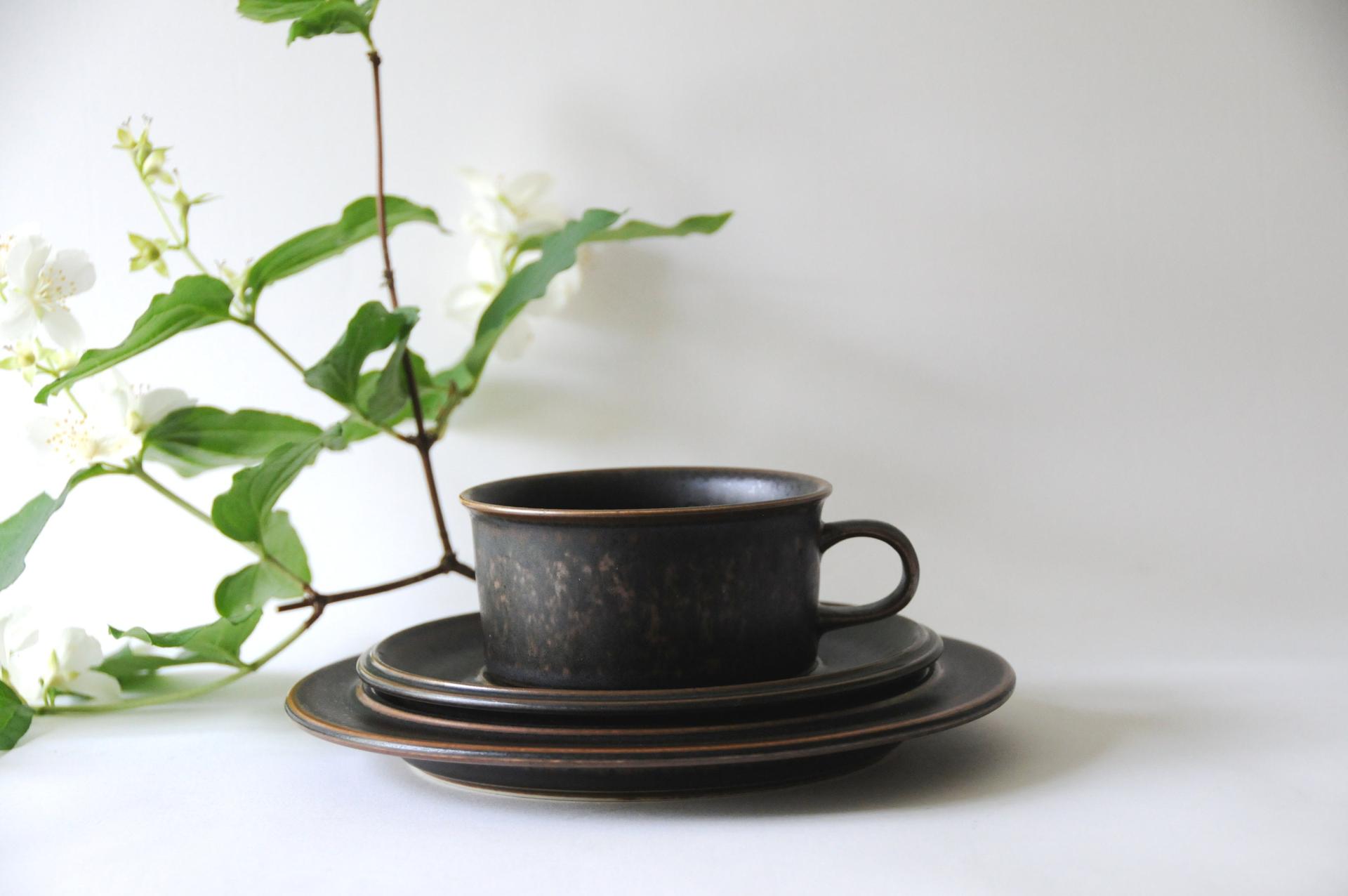 Arabia Finland RUSKA Tea set. Large Cup saucer and plate by Ulla Procope. Modern Stoneware Made in Finland