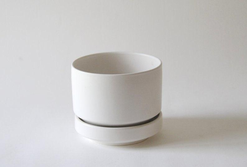 Arabia Finland Planter by Richard Lindh. White modernist Two-piece flower pot 