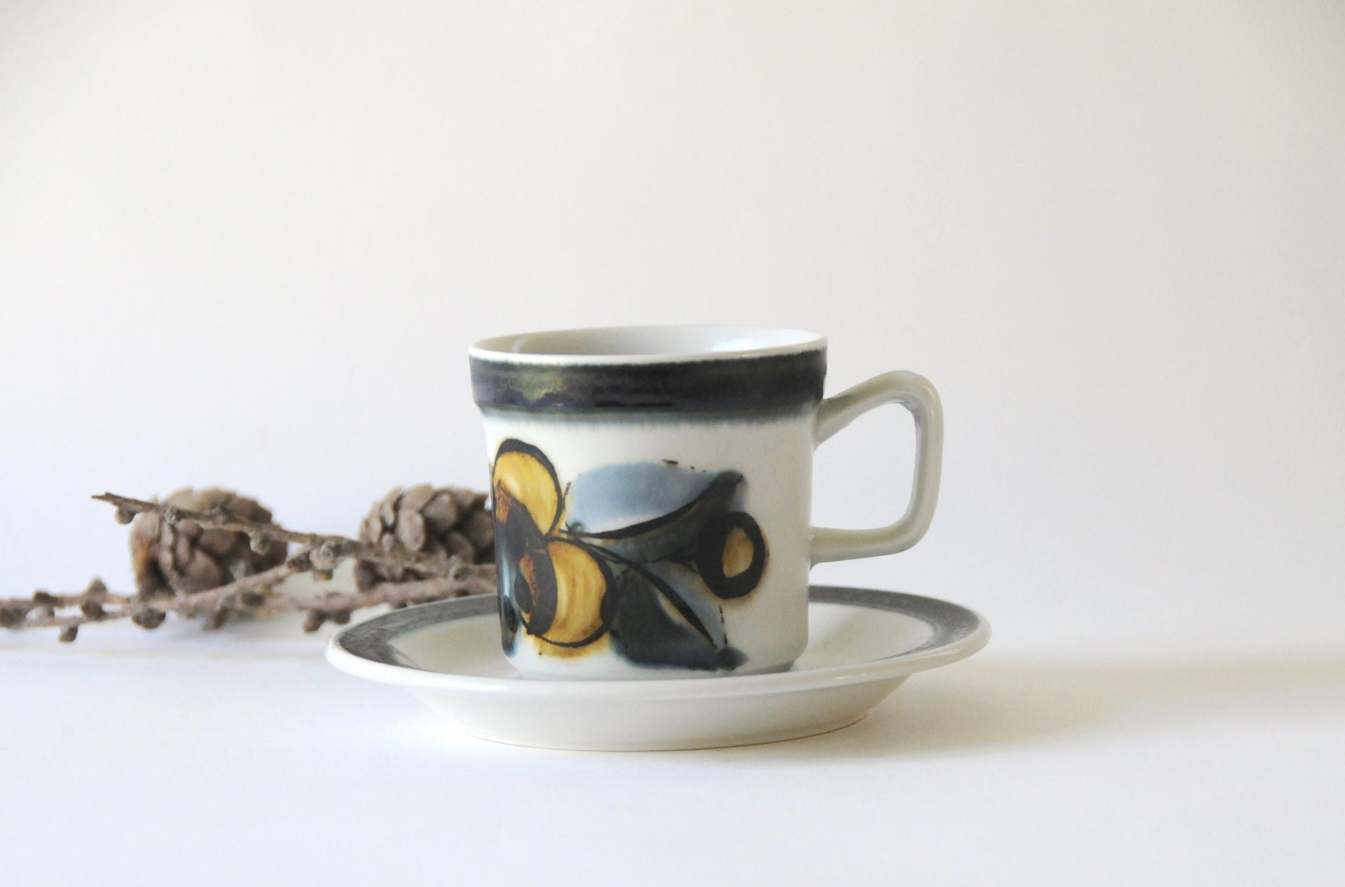 Inger Waage for Stavangerflint. SENJA Coffee Cup and saucer. Vintage Handpainted. Norwegian mid modern