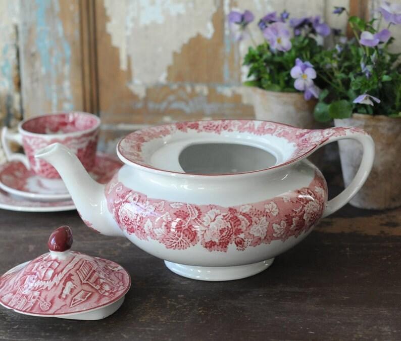 Teapot Pink Transferware by Wood & Sons. Beautiful Country Chic Tea pot Made in England. Collectible Woodsware