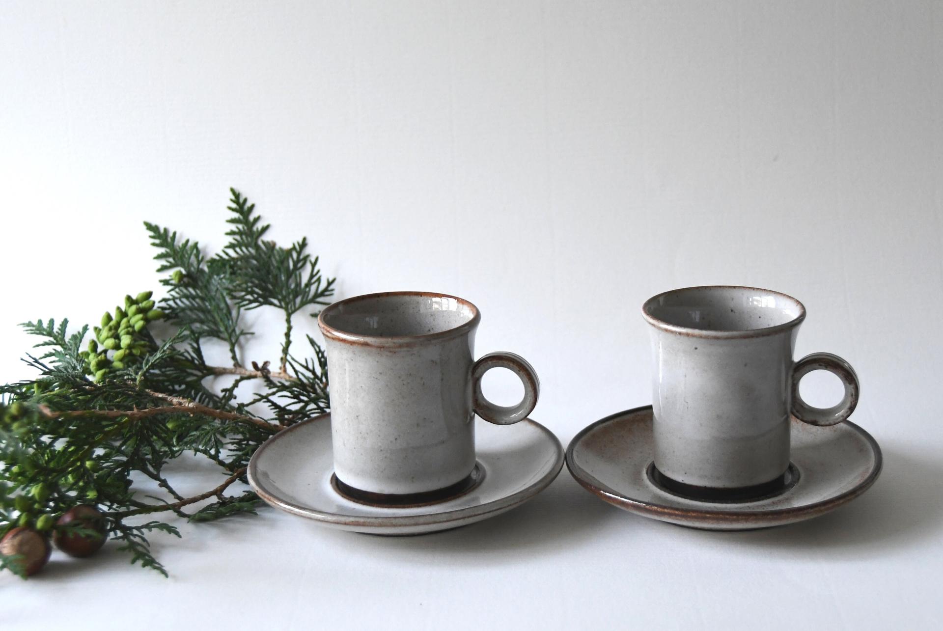 Two Scandinavian Tea sets. Danish Modern Stoneware. Stogo Cups and saucers Design by Herluf Gottschalk-Olsen