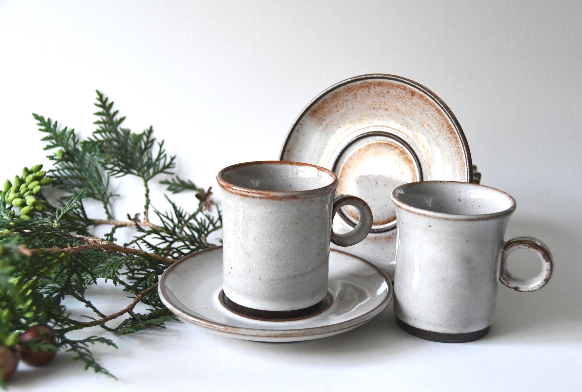 Two Scandinavian Tea sets. Danish Modern Stoneware. Stogo Cups and saucers Design by Herluf Gottschalk-Olsen