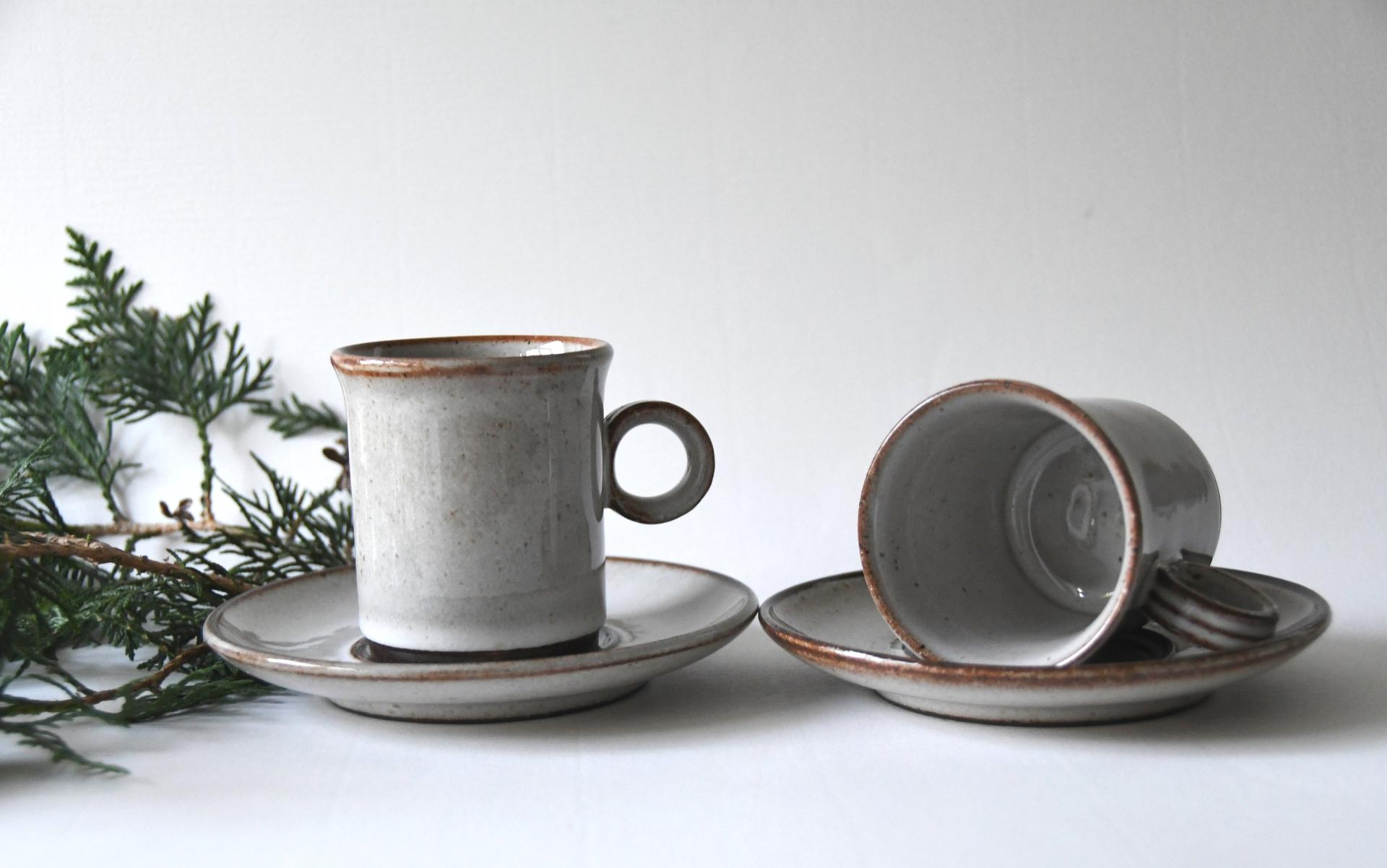 Two Scandinavian Tea sets. Danish Modern Stoneware. Stogo Cups and saucers Design by Herluf Gottschalk-Olsen