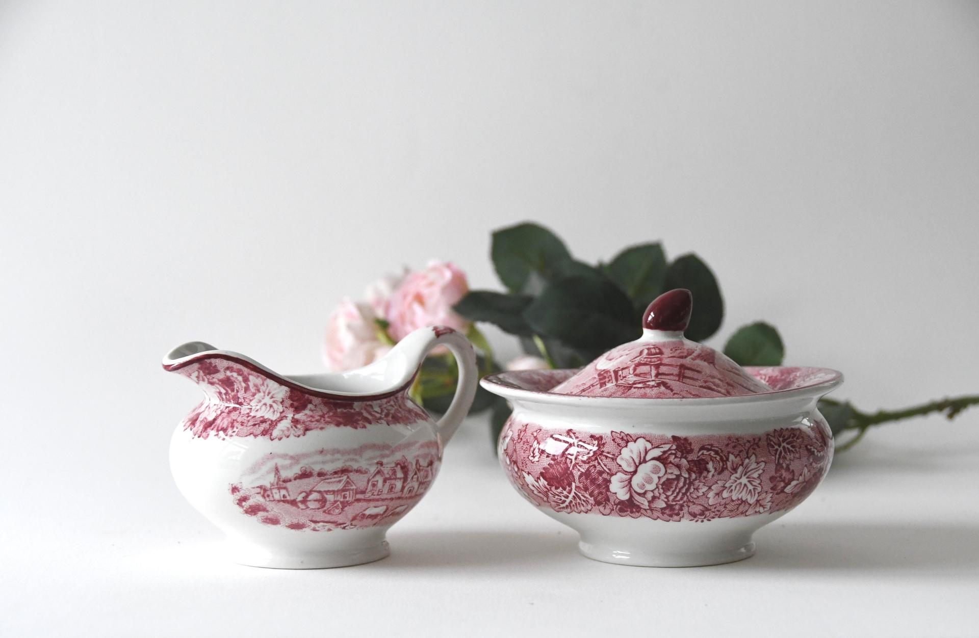 Pink Transferware by Wood & Sons. Sugar and Creamer. Beautiful Country Chic. Collectible Woodsware