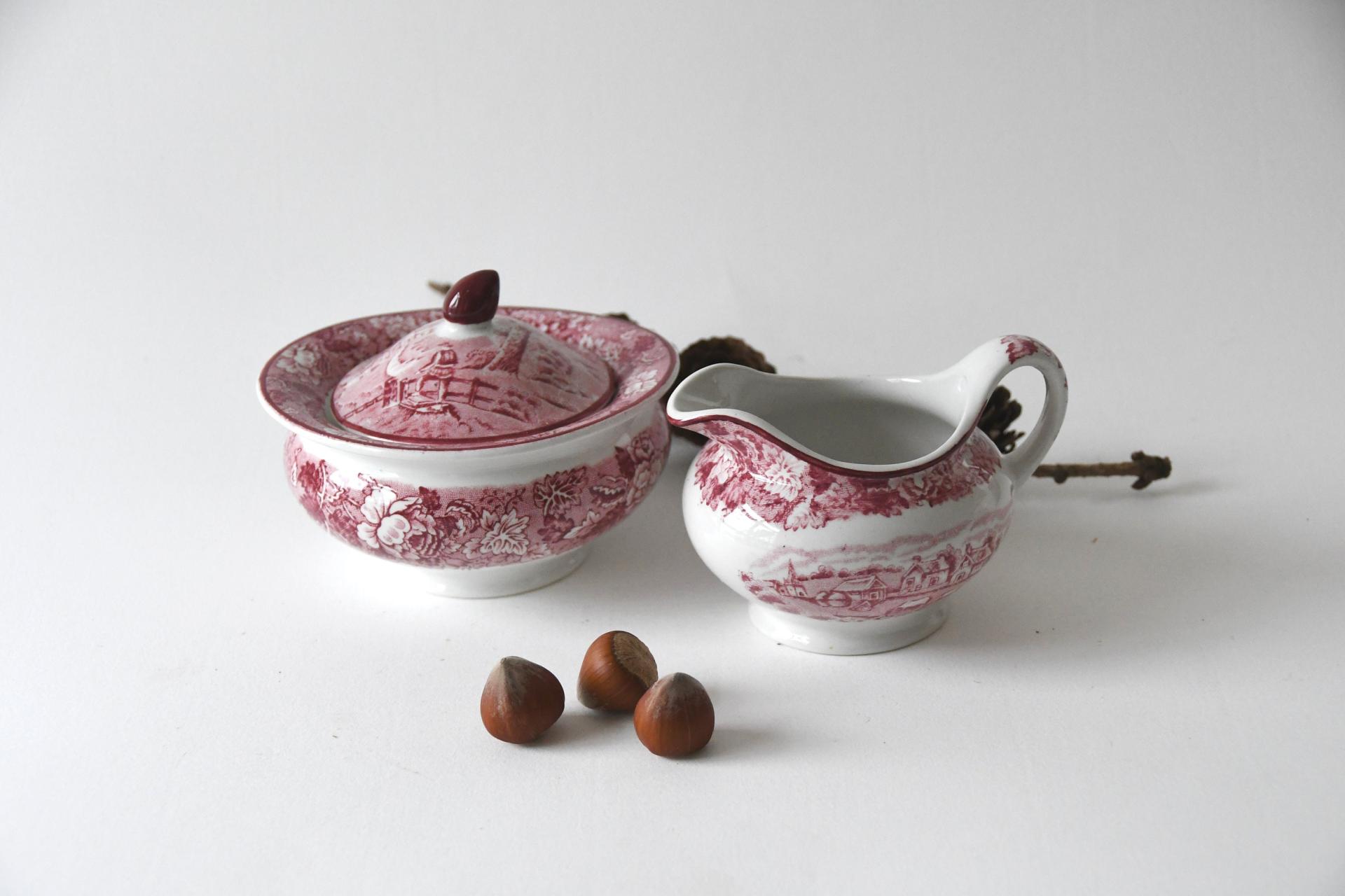 Pink Transferware by Wood & Sons. Sugar and Creamer. Beautiful Country Chic. Collectible Woodsware