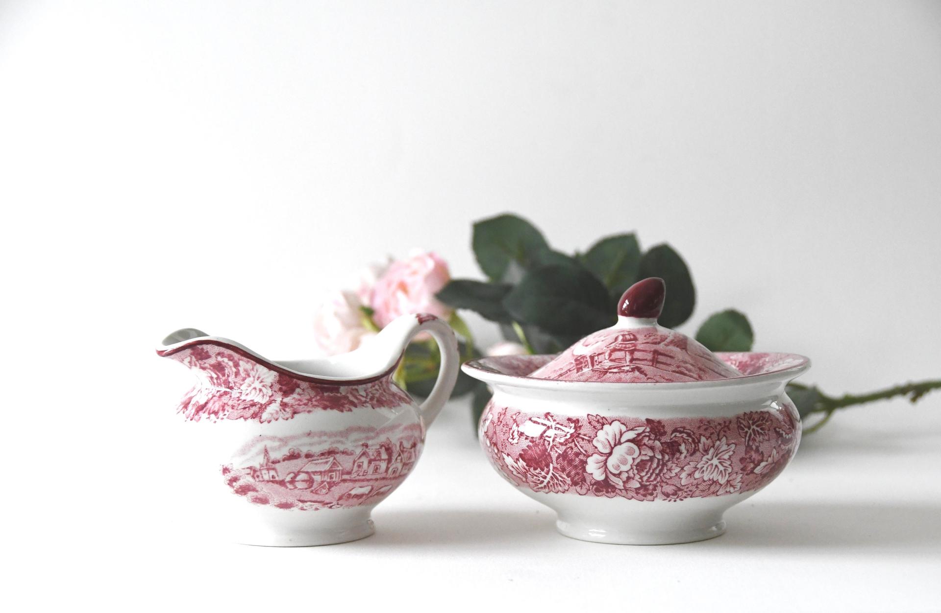 Pink Transferware by Wood & Sons. Sugar and Creamer. Beautiful Country Chic. Collectible Woodsware