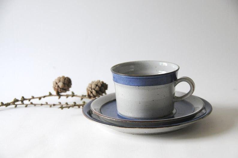 Pottery Denmark. Large Tea Trio CHRISTINE. Danish Modern Stoneware Cup, saucer and plate by Knabstrup