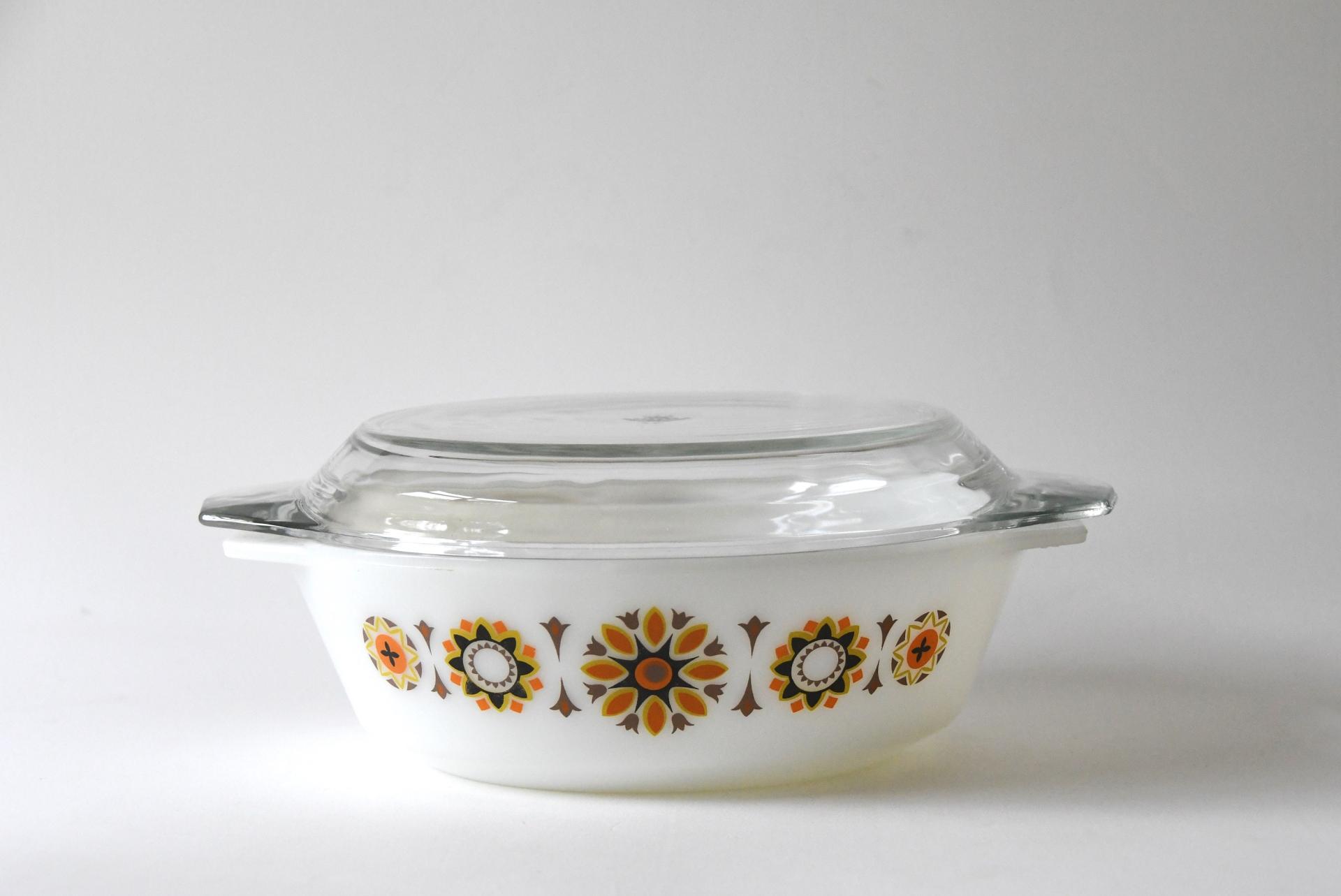 JAJ Pyrex. TOLEDO Bowl with orange and black flowers. Lid and dish. Pyrex Glass Stovetop. 1969s Collectible 